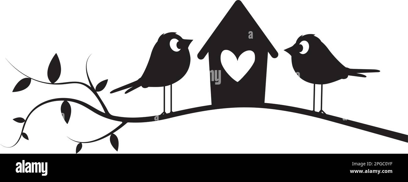 Oiseaux sur branche et maison d'oiseaux, vecteur. Illustration de dessin animé mignonne. Illustration de silhouettes d'oiseaux isolées sur fond blanc. Art mural, œuvres d'art, wal Illustration de Vecteur