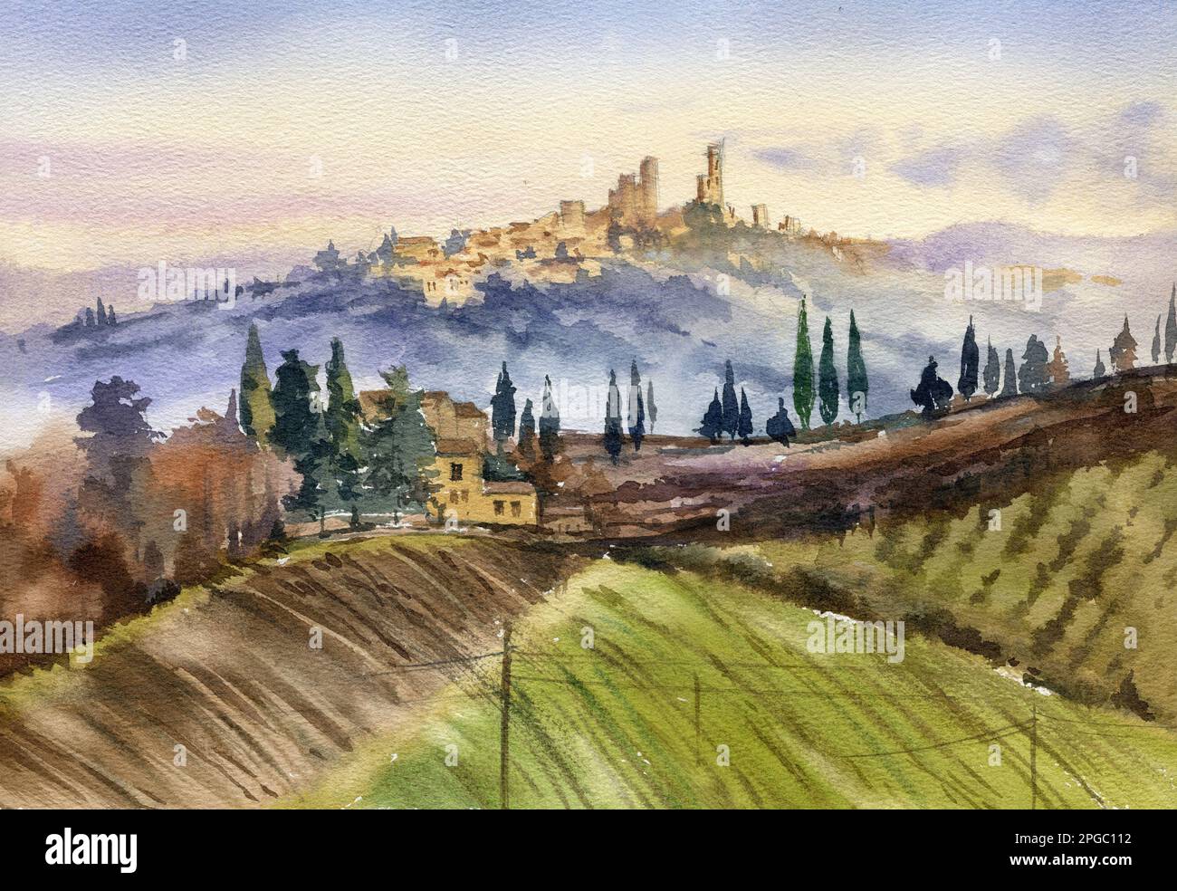 Paysage aquarelle de l'Italie, dessin à la main, San Jiminiano. Soirée en Italie. Coucher de soleil, ciel nuageux Banque D'Images