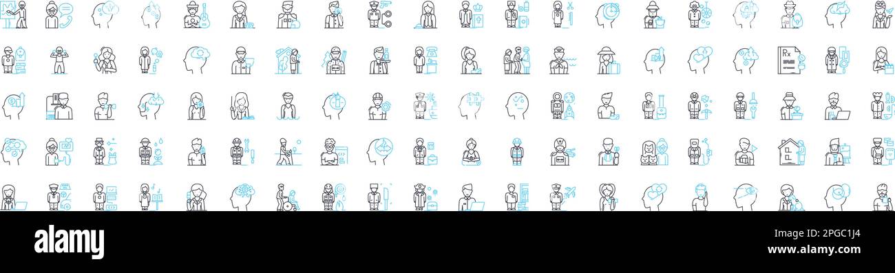 Ensemble d'icônes de ligne vectorielle de psychologie. Psychologie, comportement, mental, mental, cognitif, L'illustration traumatisme, thérapie présente les symboles et les signes du concept Illustration de Vecteur