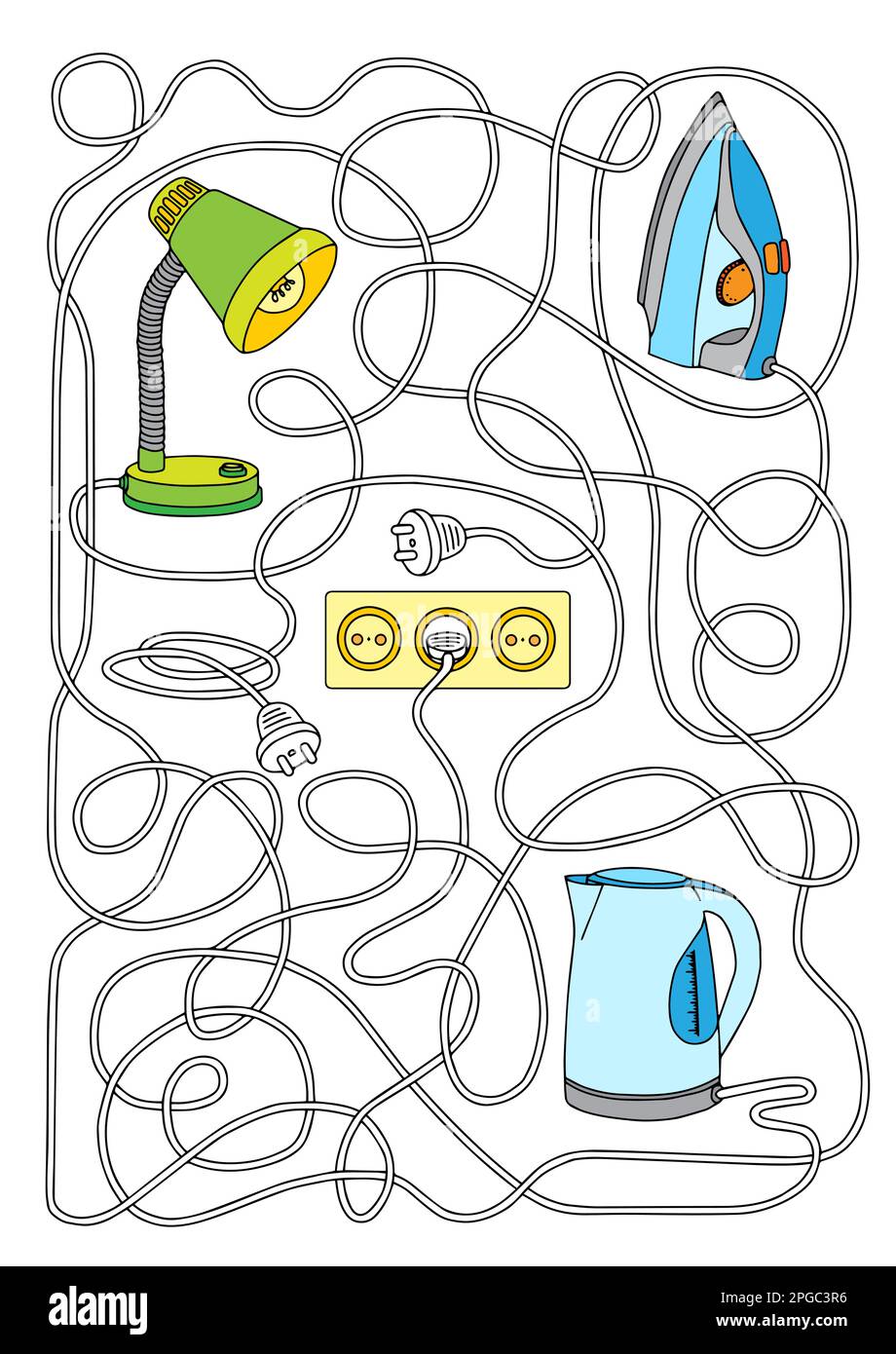 Labyrinthe pour les enfants, démêlez le fil électrique pour savoir quel appareil est en marche Illustration de Vecteur