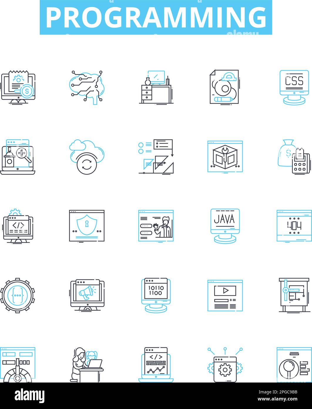 Programmation des icônes de ligne vectorielle. Programmation, codage, script, langage de codage, algorithme, débogage, présentation de l'illustration logicielle Illustration de Vecteur