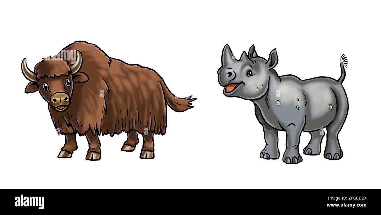 Illustration du joli rhinocéros et du yak. Modèle isolé avec animaux amusants et heureux. Page de coloriage pour enfants. Banque D'Images