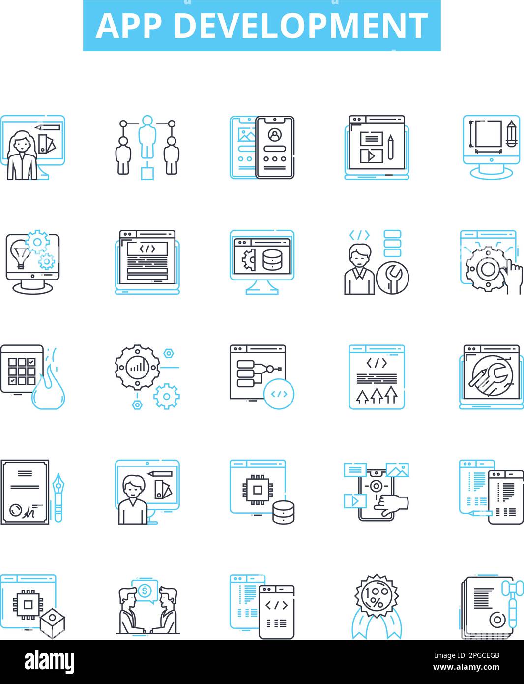 Ensemble d'icônes de lignes vectorielles de développement d'applications. application, développement, conception, mobile, logiciel, le codage, l'illustration du développement présentent les symboles et les signes du concept Illustration de Vecteur