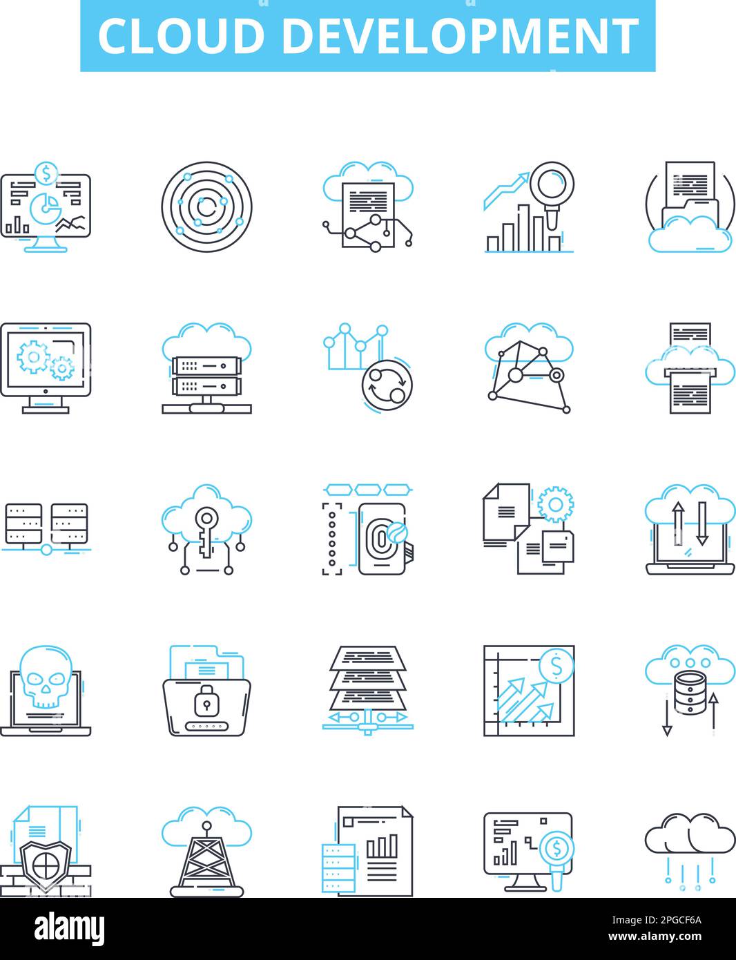 Ensemble d'icônes de lignes vectorielles de développement de cloud. Cloud, développement, plate-forme, architecture, déploiement, Gestion, présentation de l'illustration de l'infrastructure Illustration de Vecteur
