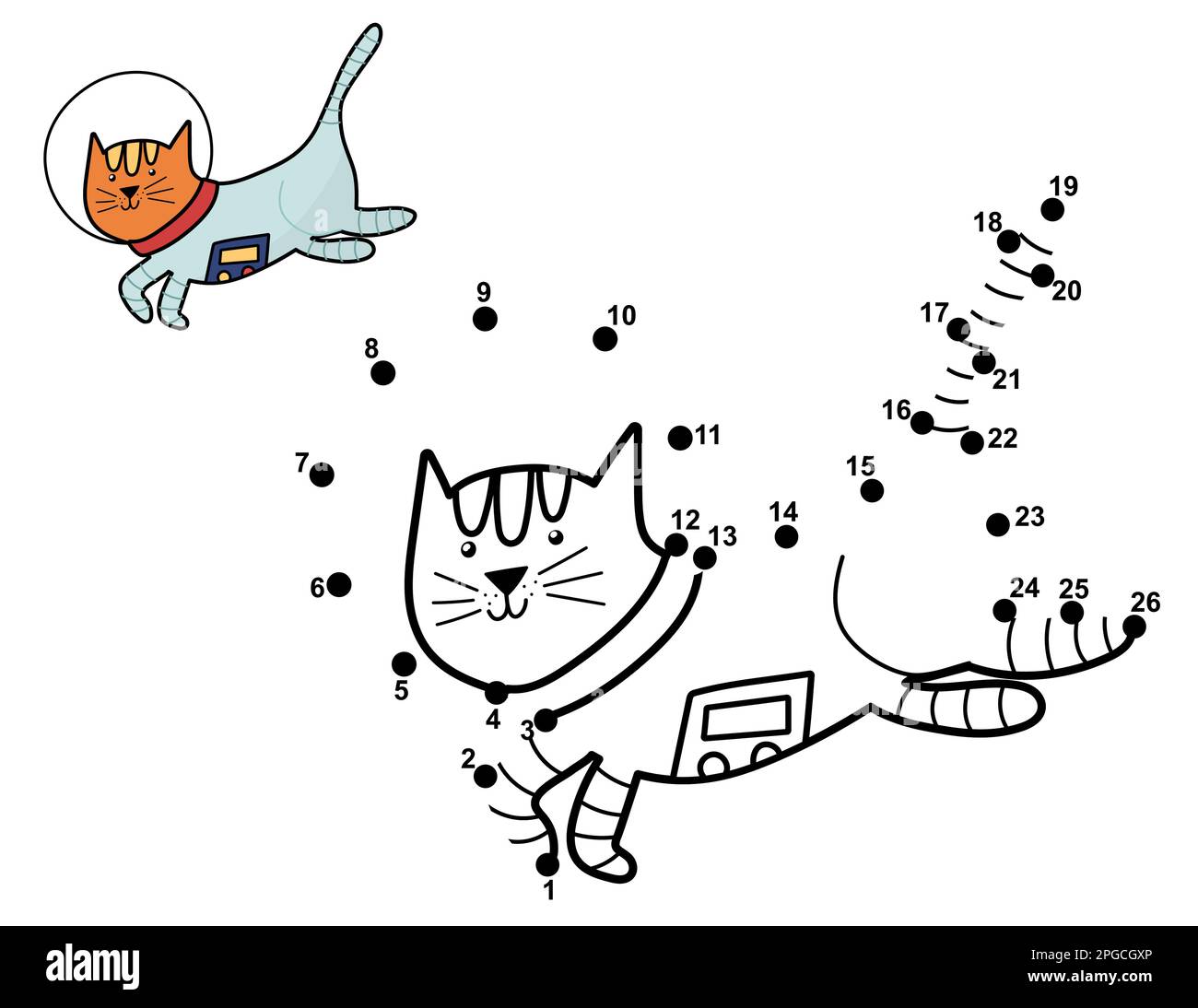 Attachez les points et dessinez un adorable astronaute de chat. Jeu Space dot to dot Illustration de Vecteur