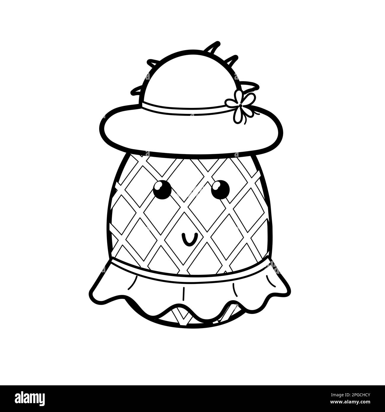 Jolie petite fille d'ananas noir et blanc en chapeau et jupe. Jolie page de coloriage d'été pour les enfants Illustration de Vecteur