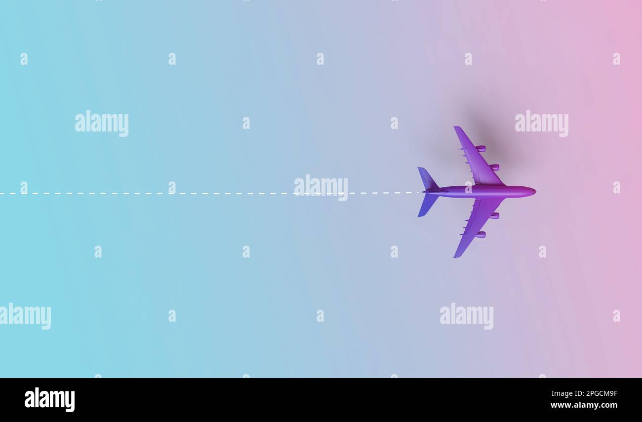 Avion violet sur fond dégradé. Concept de voyage. 3D rendu. Banque D'Images