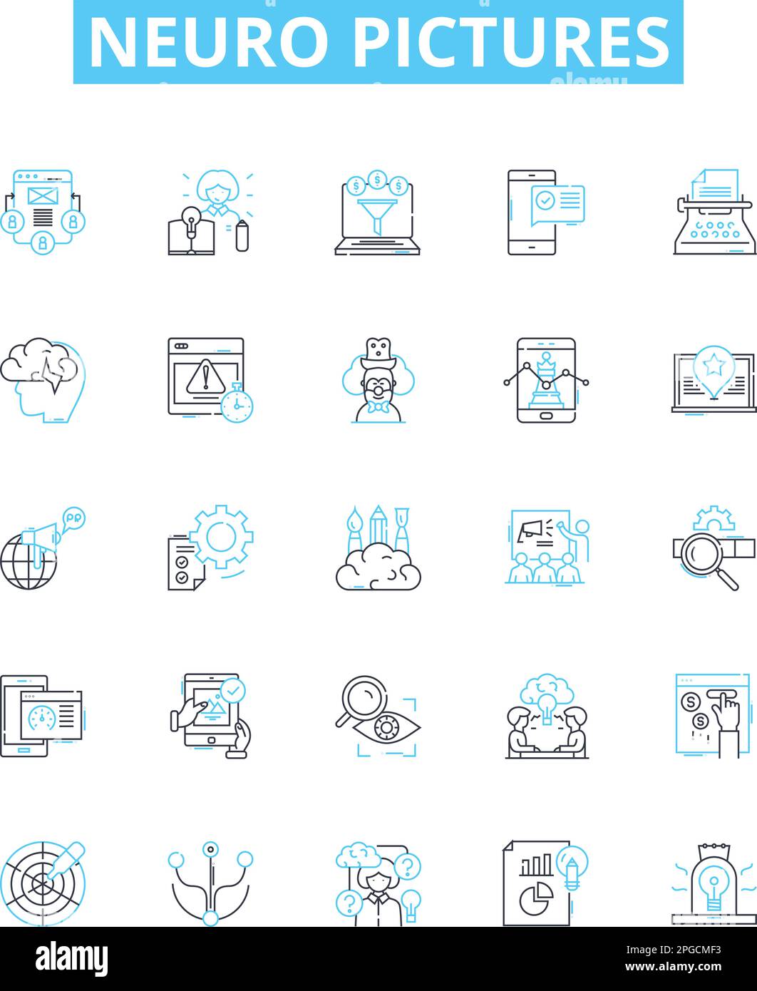 Jeu d'icônes de lignes vectorielles Neuro Pictures. Neuroimage, neurographie, cerveau, IRM, TDM, FMRI, PET illustration de contour des symboles et des signes de concept Illustration de Vecteur