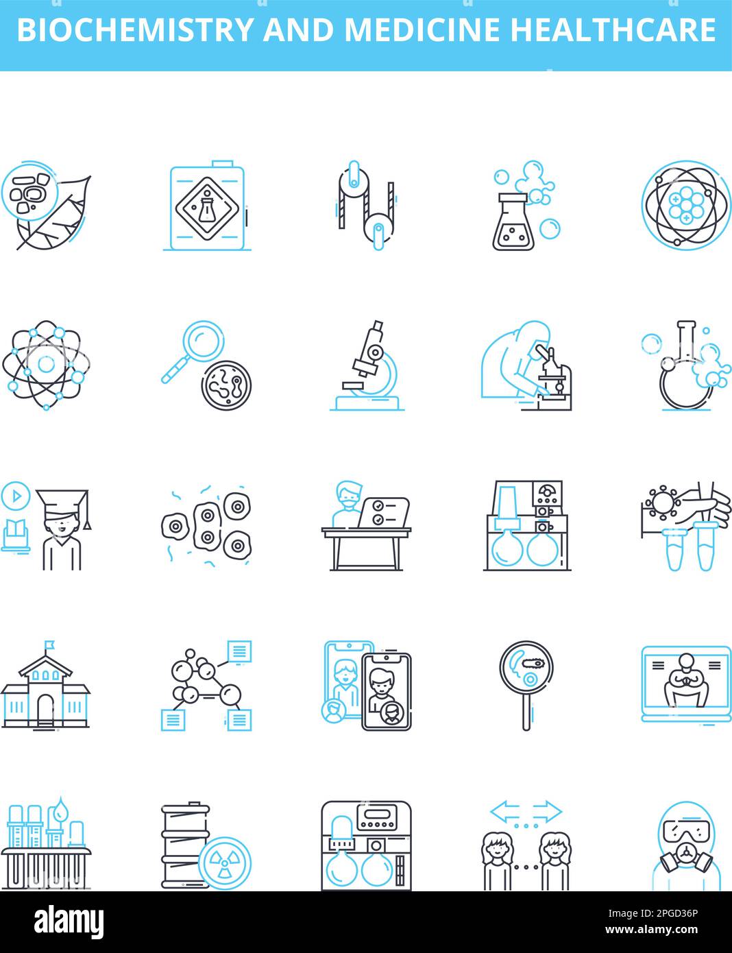 Ensemble d'icônes de lignes vectorielles de biochimie et de médecine de soins de santé. Biochimie, métabolisme, enzymes, hormones, protéines, Gènes, schéma de l'illustration de l'ADN Illustration de Vecteur