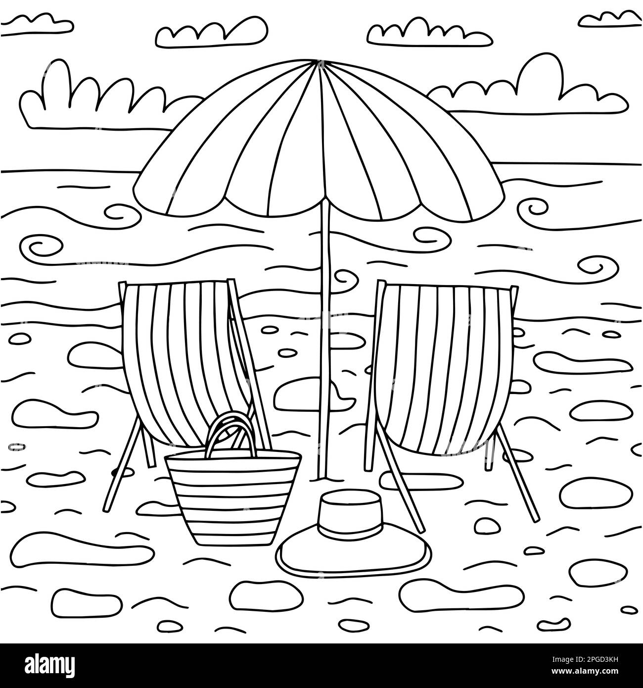 Page de coloriage de plage ensoleillée d'été Illustration de Vecteur