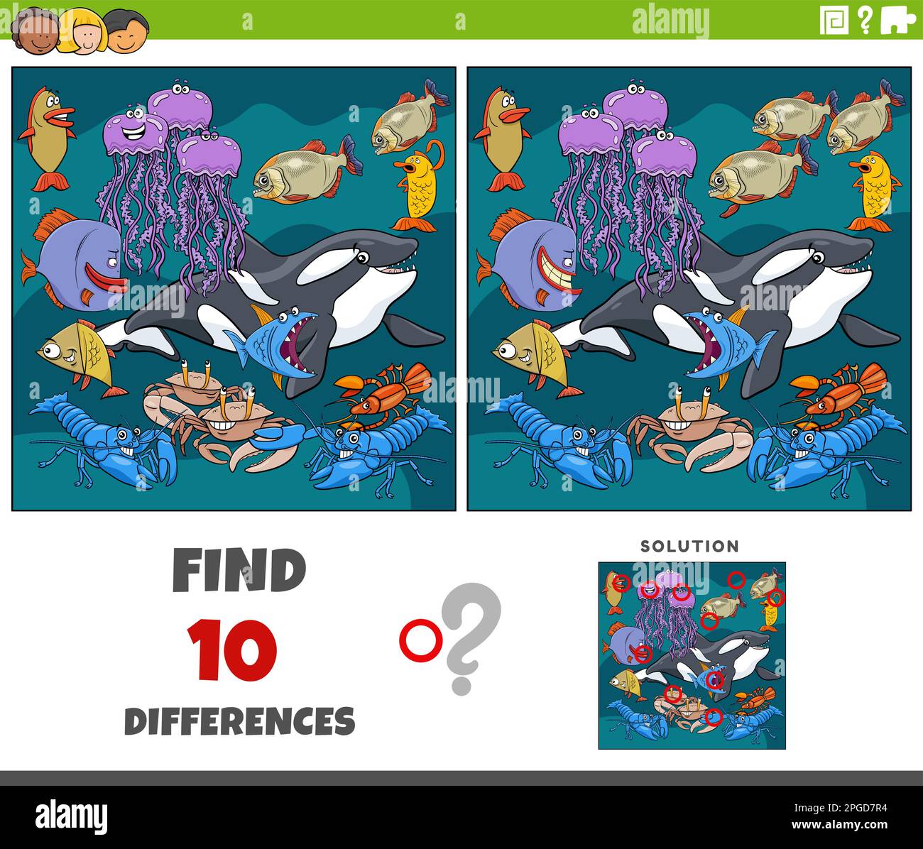 Illustration de dessin animé de trouver les différences entre les images jeu éducatif avec les personnages d'animaux marins de bande dessinée Illustration de Vecteur