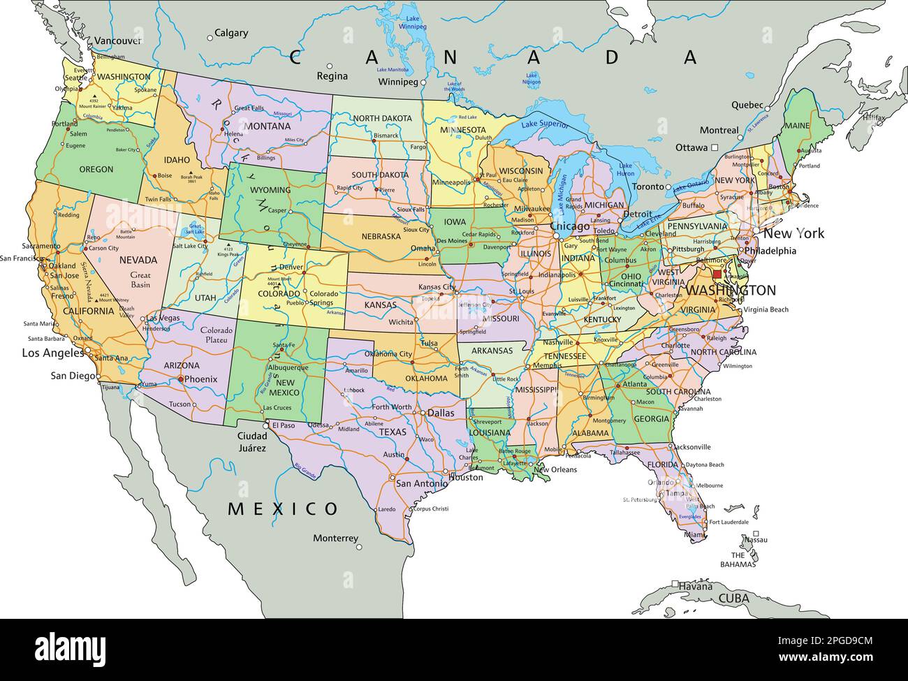 Etats-Unis d'Amérique - carte politique modifiable très détaillée avec étiquetage. Illustration de Vecteur