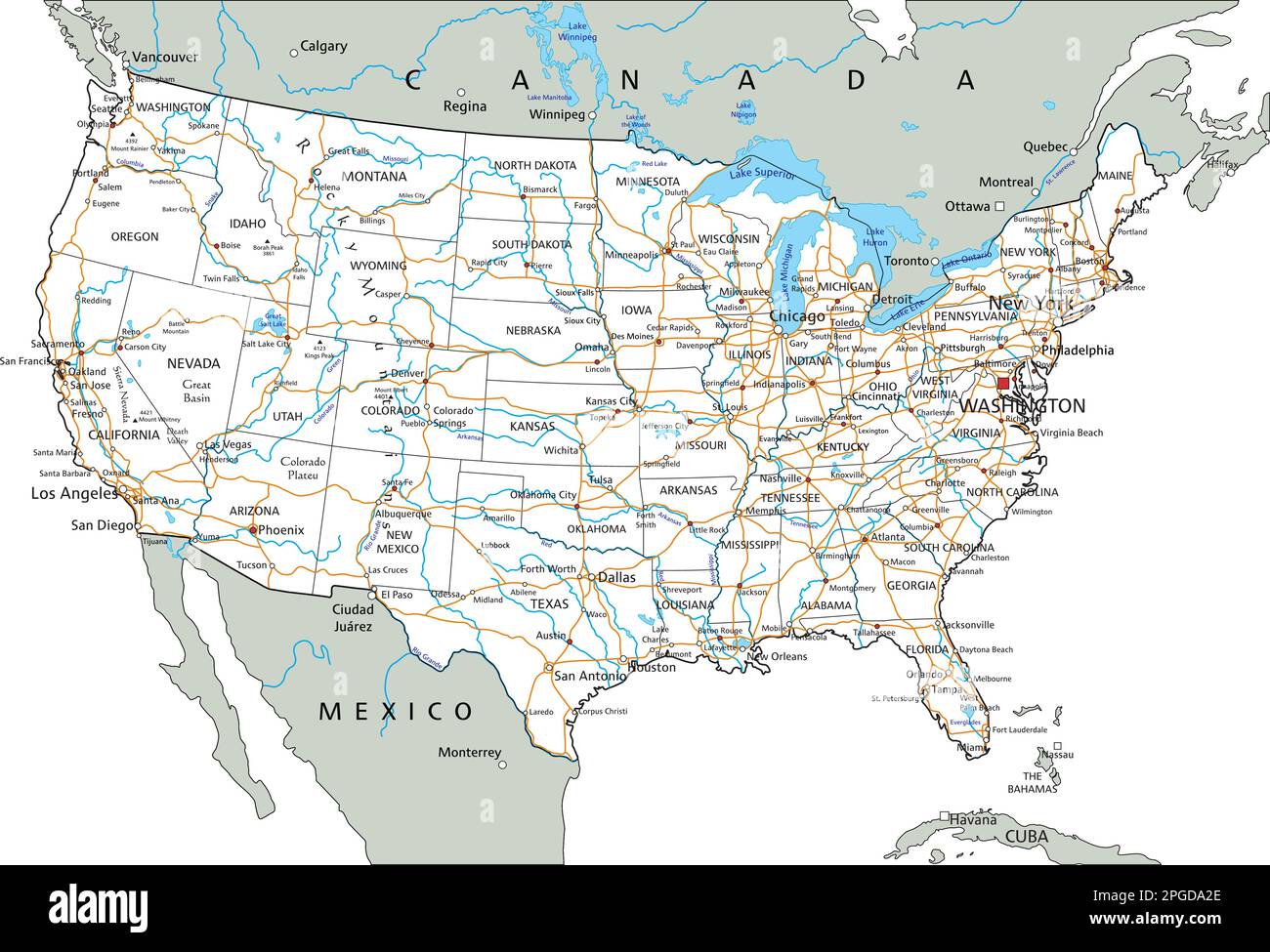 Carte des etats unis avec fleuves Banque d