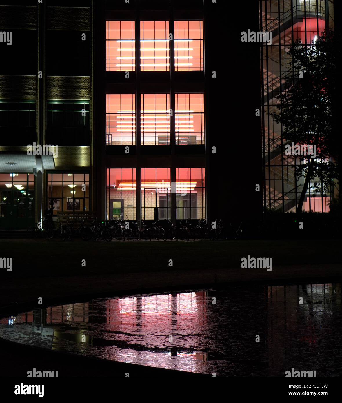 Photos nocturnes des rues de la ville hollandaise d'Eindhoven où vous pouvez voir une certaine architecture et de la verdure. Banque D'Images