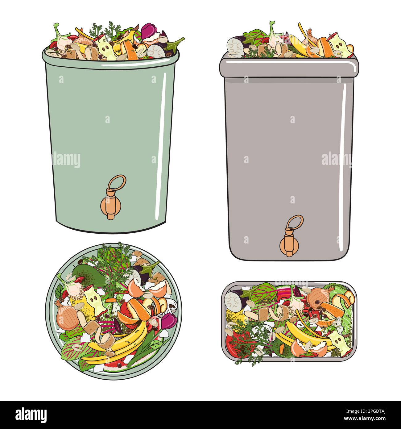 Ensemble de bacs de compostage avec des restes de cuisine, des fruits et des légumes. Pas de gaspillage de nourriture. Recyclage des déchets organiques, compost. Vie durable, zéro déchet co Illustration de Vecteur