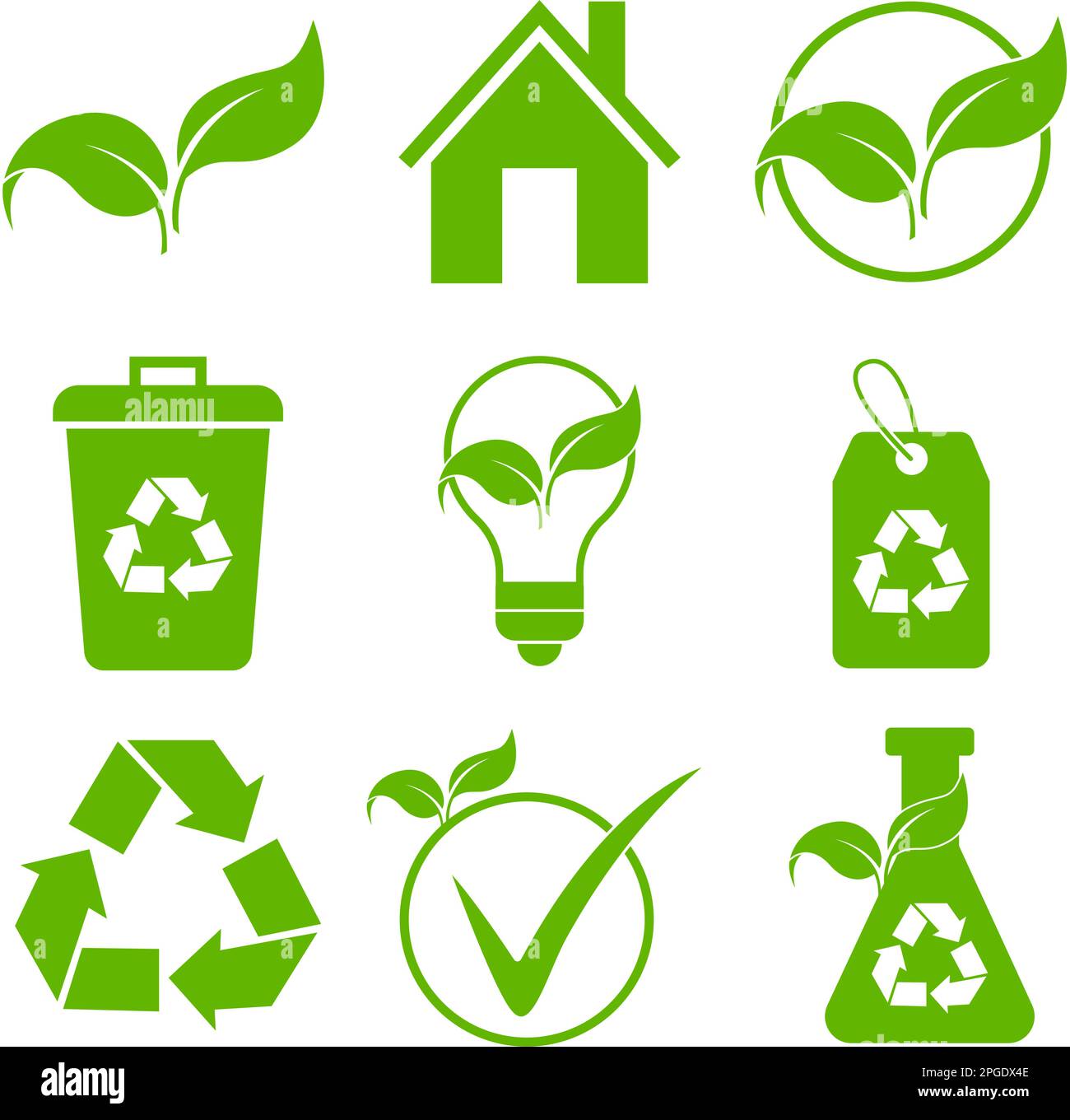 Bio et écologie. Contient des icônes telles que Leaf, Ecology, Environment, Light bulbe, Climate change, Recyclage des déchets. Illustration de Vecteur