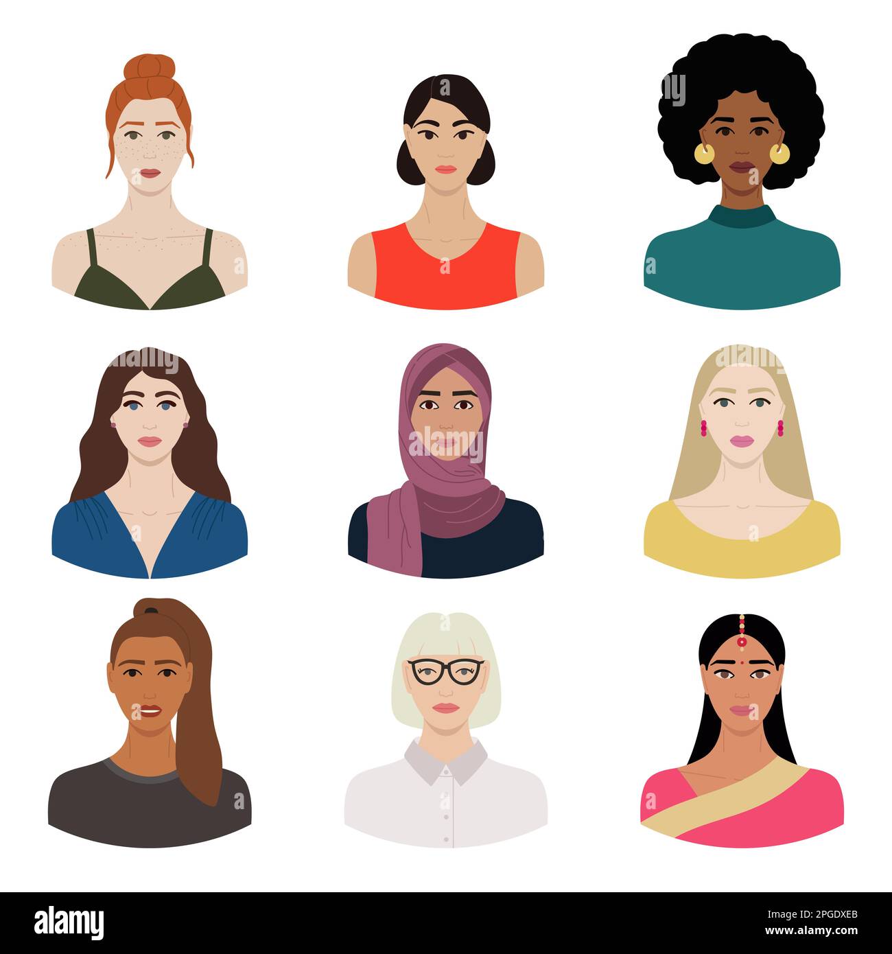 Ensemble de visages féminins divers avec différentes ethnies, couleurs de peau, coiffures. Collection de portraits de femmes pour avatars dans les réseaux sociaux, communic Illustration de Vecteur