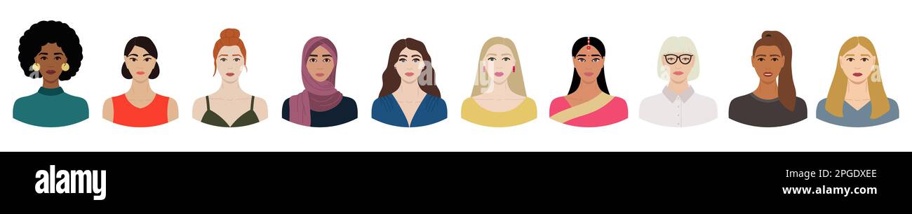 Ensemble de visages féminins divers avec différentes ethnies, couleurs de peau, coiffures. Collection de portraits de femmes pour avatars dans les réseaux sociaux, communic Illustration de Vecteur
