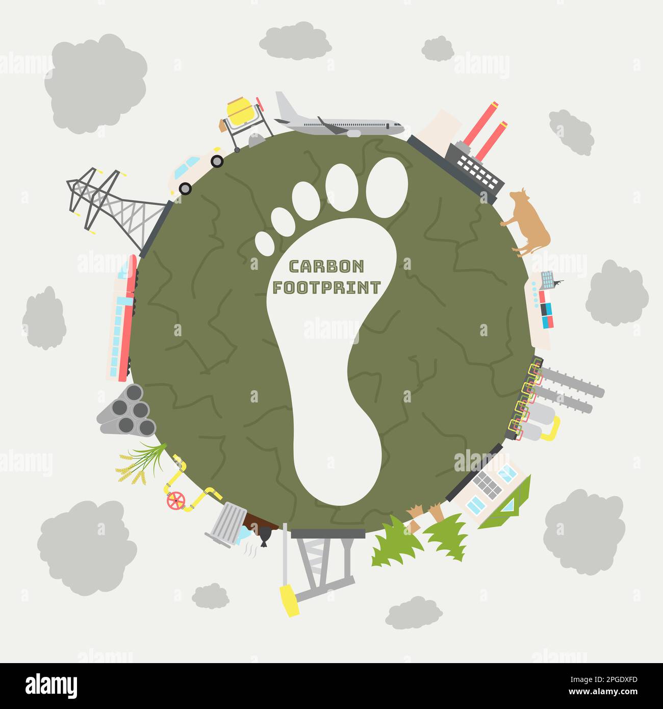 Affiche du jour de la surexploitation de la terre. Sources d'empreinte carbone. CO2 empreinte écologique. Émissions de gaz à effet de serre. Concept de l'environnement et du changement climatique. Han Illustration de Vecteur