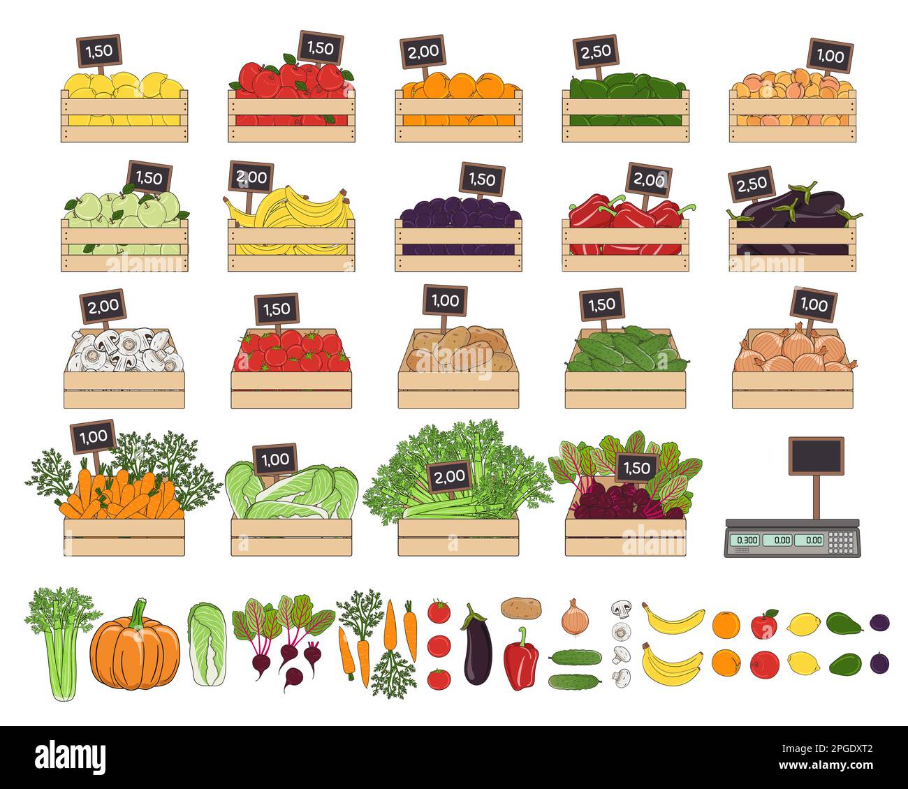 Ensemble de légumes et de fruits dans les boîtes. Farmer s Marker, épicerie, zéro magasin de déchets. Produits agricoles locaux, frais et biologiques. Main d Illustration de Vecteur