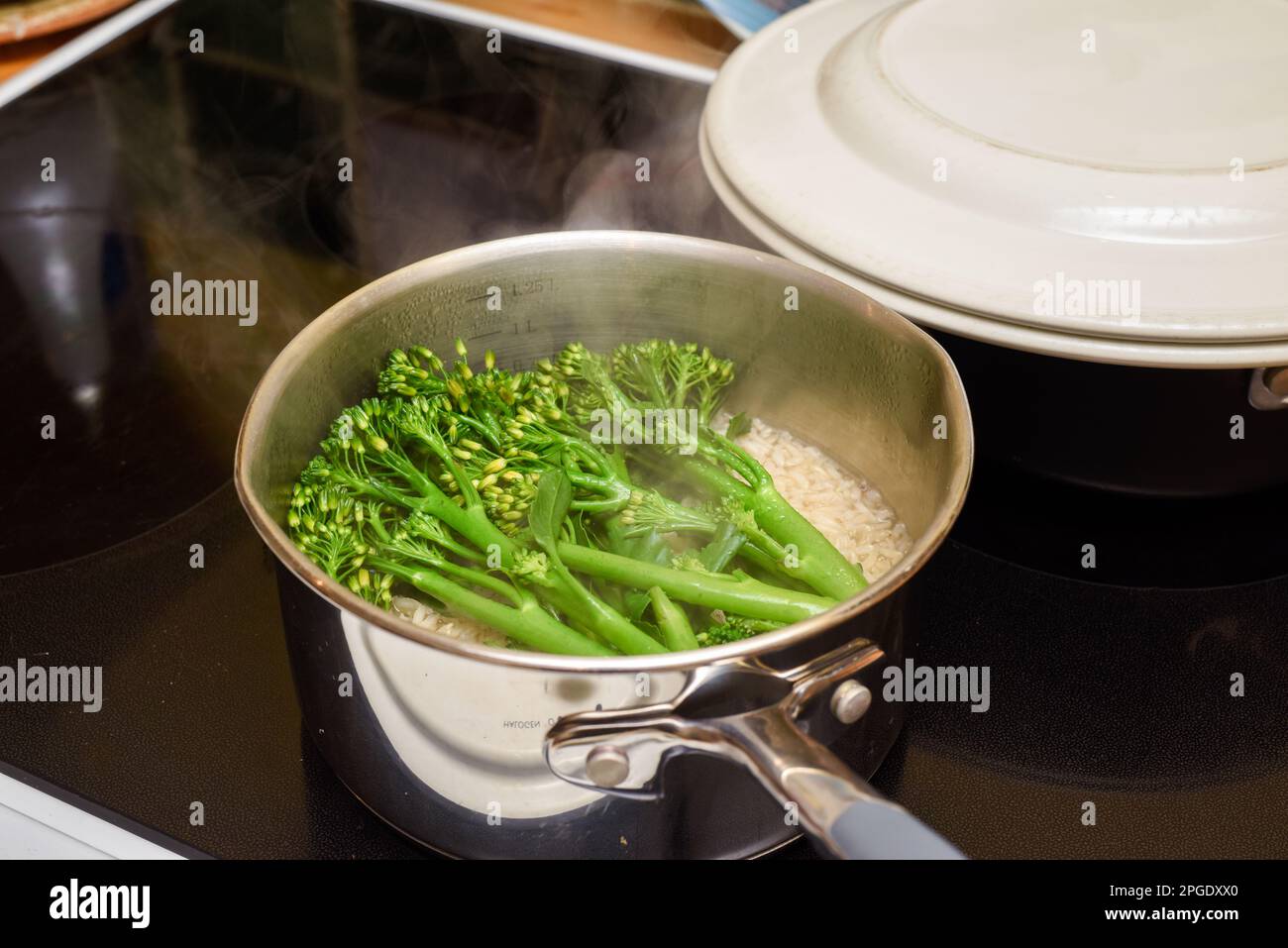 La cuisson à la vapeur des aliments dans la poêle, le brocoli et le riz sont en train de faire cuire pour une alimentation saine Banque D'Images