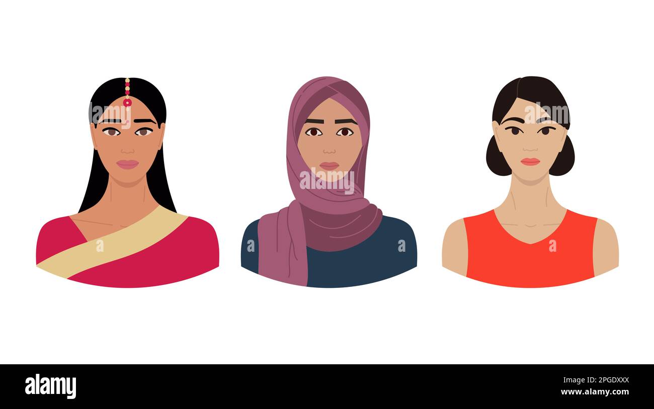 Ensemble de visages féminins des régions d'Asie avec différentes ethnies, couleurs de peau et coiffures. Collection de portraits de femmes pour avatars dans social ne Illustration de Vecteur