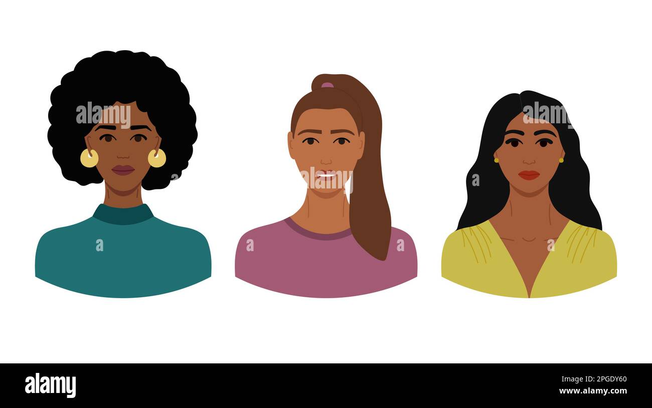 Ensemble de visages féminins avec une peau sombre et différents styles de cheveux. Collection de portraits de femmes pour avatars dans les réseaux sociaux et l'interférence de la communication Illustration de Vecteur