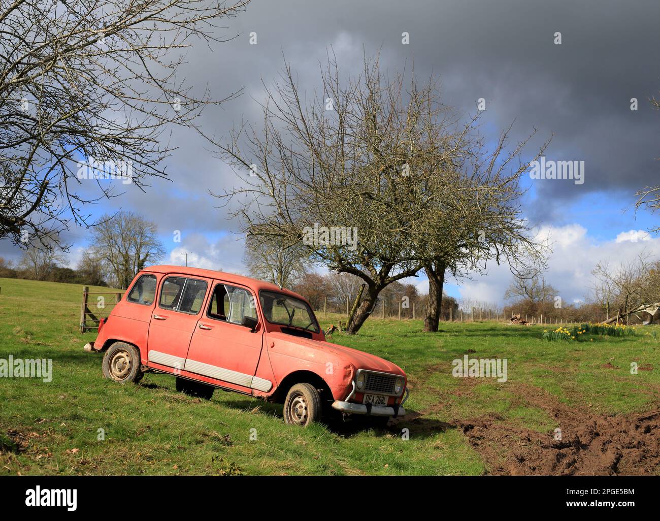 Une Renault 1972 4 garée dans un champ. Banque D'Images