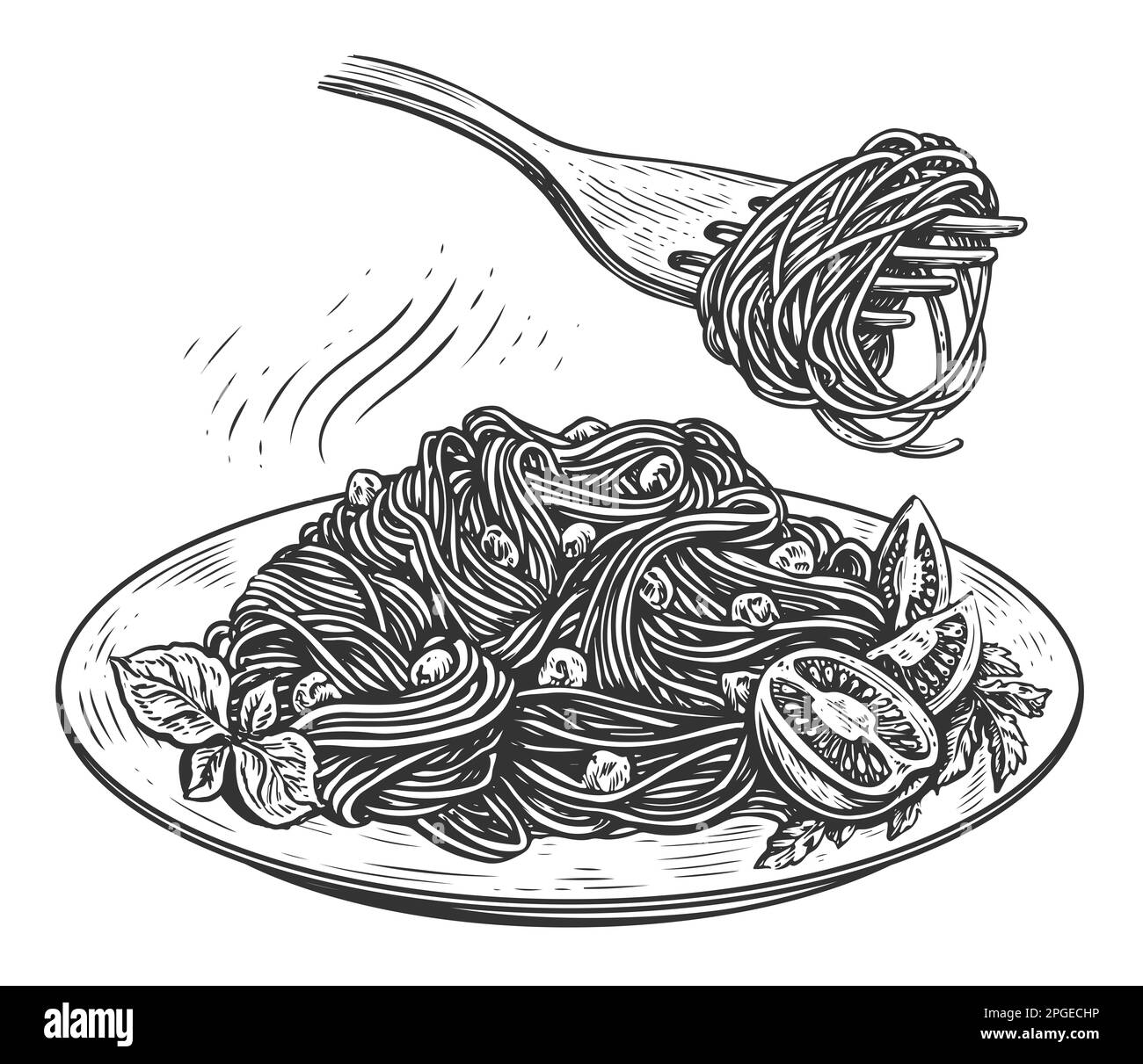 Pâtes de nouilles, spaghetti à la tomate et basilic frais dans un bol. Dessin dessiné à la main avec une gravure vintage Banque D'Images