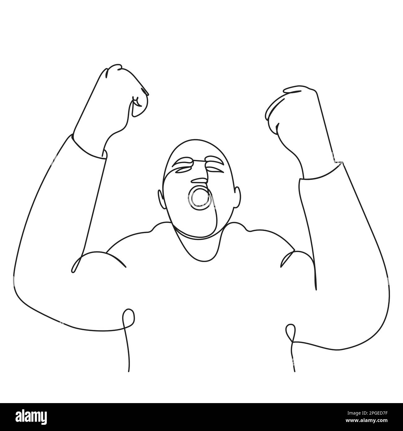 Un bald déséquilibré avec un look fou et des poings relevés tirés en une ligne continue. Image de stock avec criminel de rue, gangster, manifestant, fou. Illustration de Vecteur