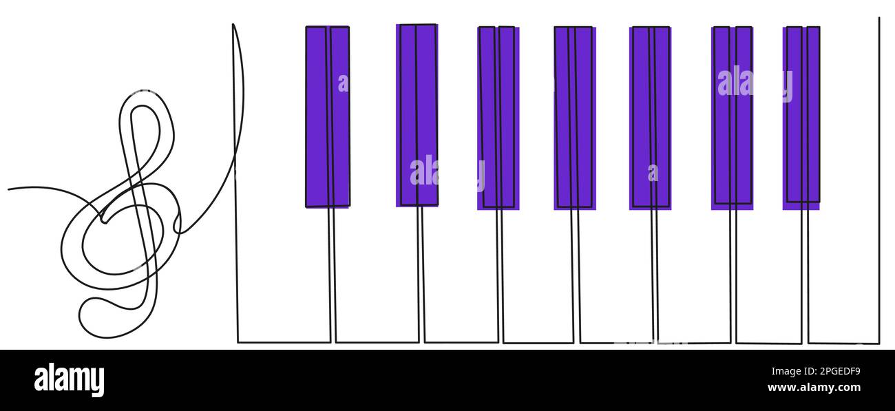 Clef d'aigu et touches de piano dans une ligne avec silhouette violette sur isolat blanc. Illustration de Vecteur