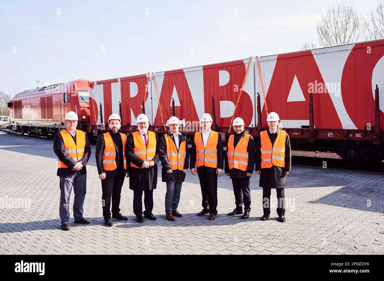 In this image released on Wednesday, March, 22, 2023, is the delegation  that saw off the special train in Bratislava.From left to right: Adam  Gaštan (Commercial & Operations Director Rail Cargo Operator -