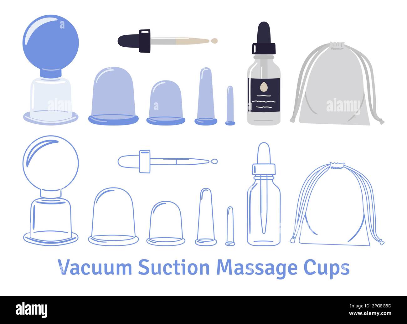 Ensemble de ventouses de massage à vide avec sac de rangement et bouteille d'huile. Maison beauté soin de la peau routine. Dessin à la main et illustration vectorielle. Illustration de Vecteur