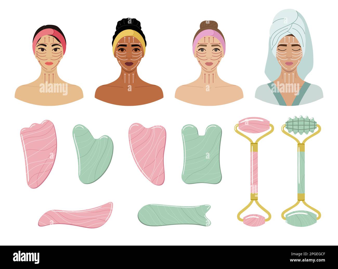 Jeu de pierres et rouleaux de gua sha différents sont faits de quartz rose et d'aventurine verte. Lignes de massage facial sur les visages féminins. Maison beauté soins de la peau Illustration de Vecteur