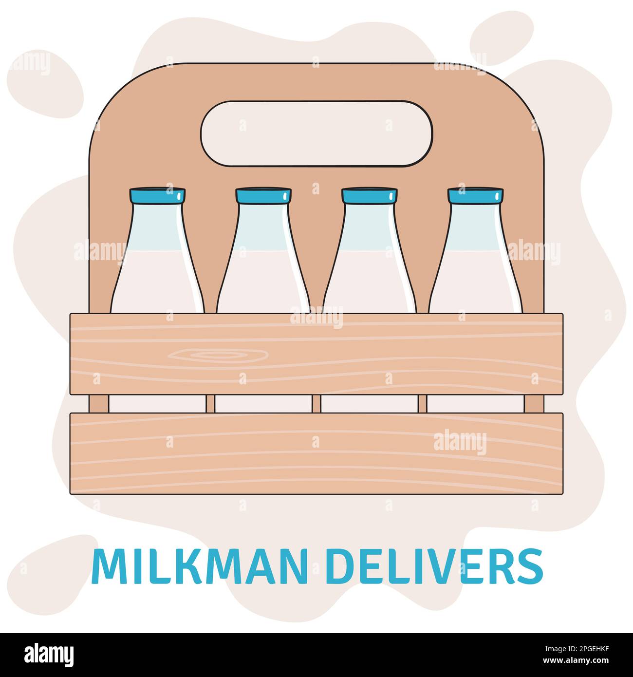 Boîte en bois avec bouteilles de lait. Livraison de milkman. Illustration vectorielle dessinée à la main. Illustration de Vecteur