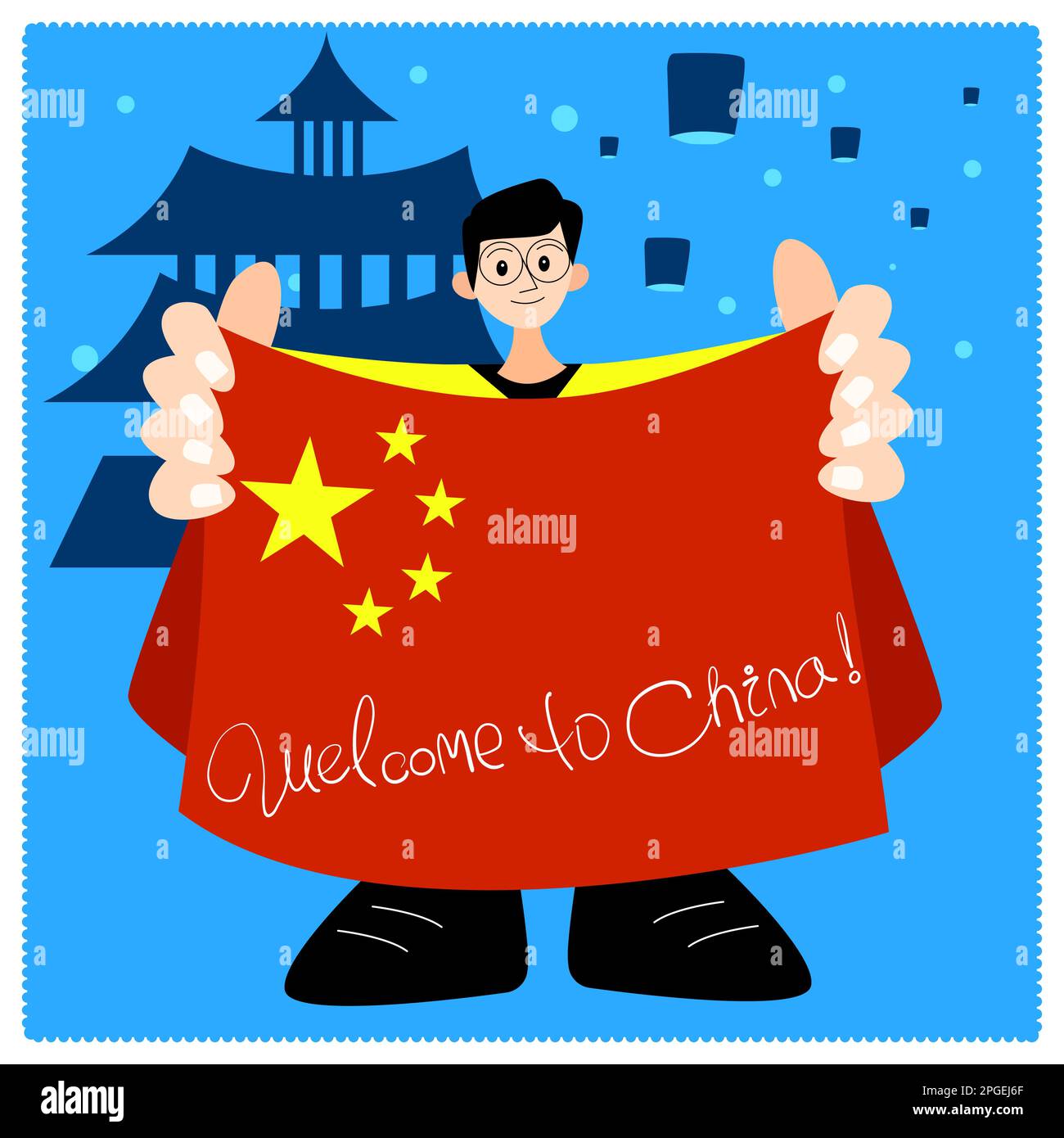 Garçon avec le drapeau de la Chine sur fond de structures ethniques et de lanternes de ciel. Illustration vectorielle de stock avec touriste asiatique et slogan: Welcom Illustration de Vecteur