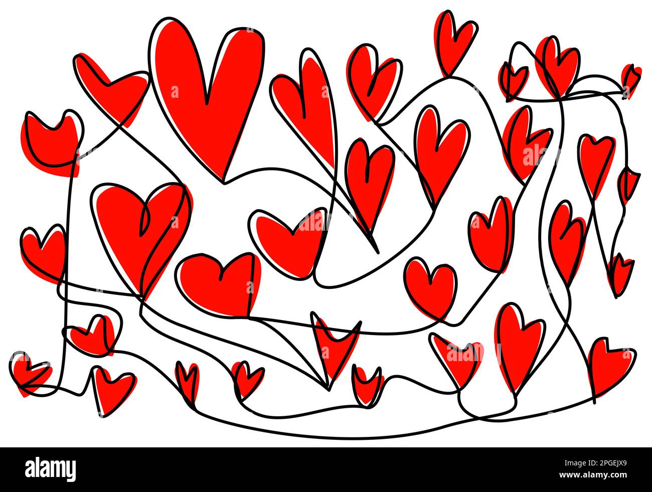 Doodle coeurs en une ligne avec une forme rouge sur un fond blanc. Illustration de Vecteur