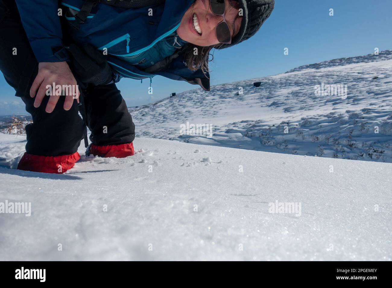 Une femme promenant le genou dans la neige souriant prenant un selfie avec un paysage de landes enneigées derrière. Wharfedale, West Yorkshire, Angleterre, Royaume-Uni Banque D'Images
