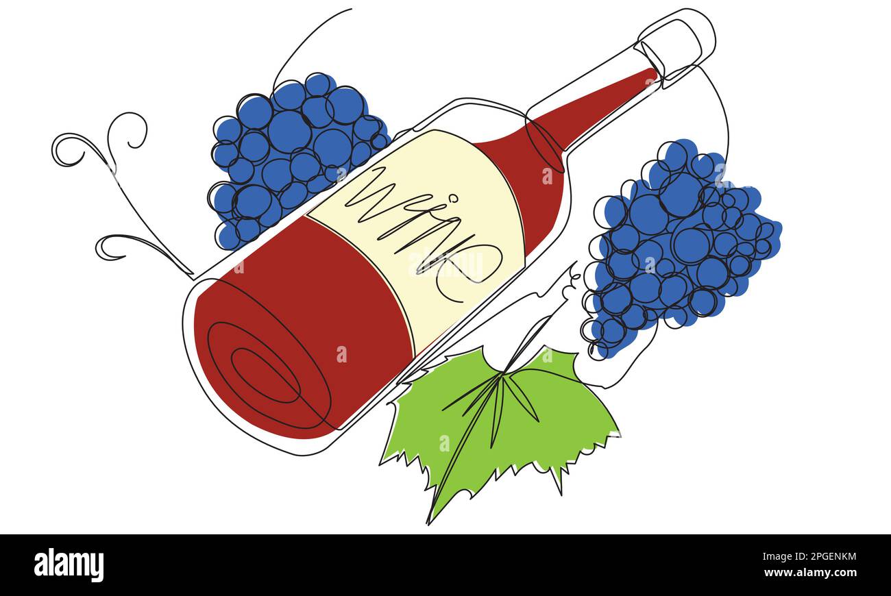 Une bouteille de vin avec une ligne de raisin sur fond blanc. Illustration de Vecteur