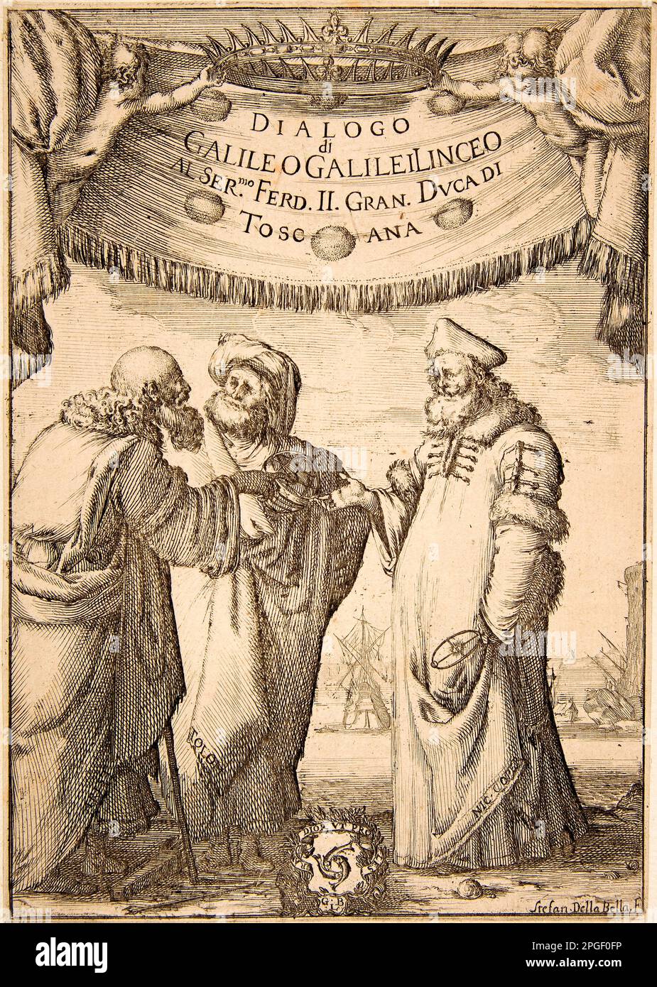 Frontispice pour Dialogo di Galileo Galilei Stefano della Bella Éditeur italien Giovanni Battista Landini Italien dedicatee Ferdinando II de' Medici, Grand Duc de Toscane Italien 1632 Banque D'Images