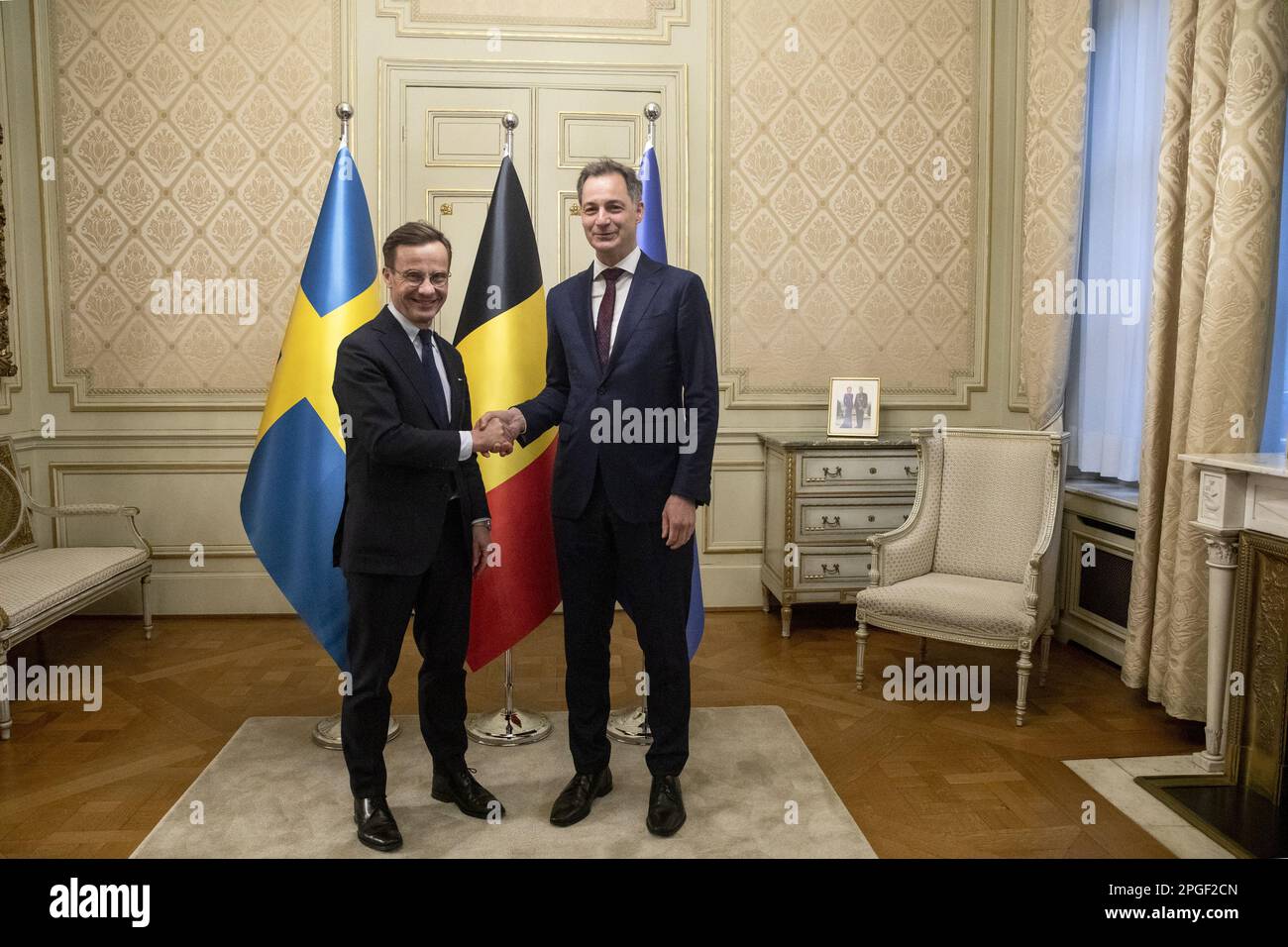 Bruxelles, Belgique. 22nd mars 2023. Suède le Premier ministre Ulf Kristersson et le Premier ministre Alexander de Croo posent pour le photographe lors d'une rencontre diplomatique entre la Belgique et la Suède le mercredi 22 mars 2023 à Bruxelles. BELGA PHOTO HATIM KAGHAT crédit: Belga News Agency/Alay Live News Banque D'Images