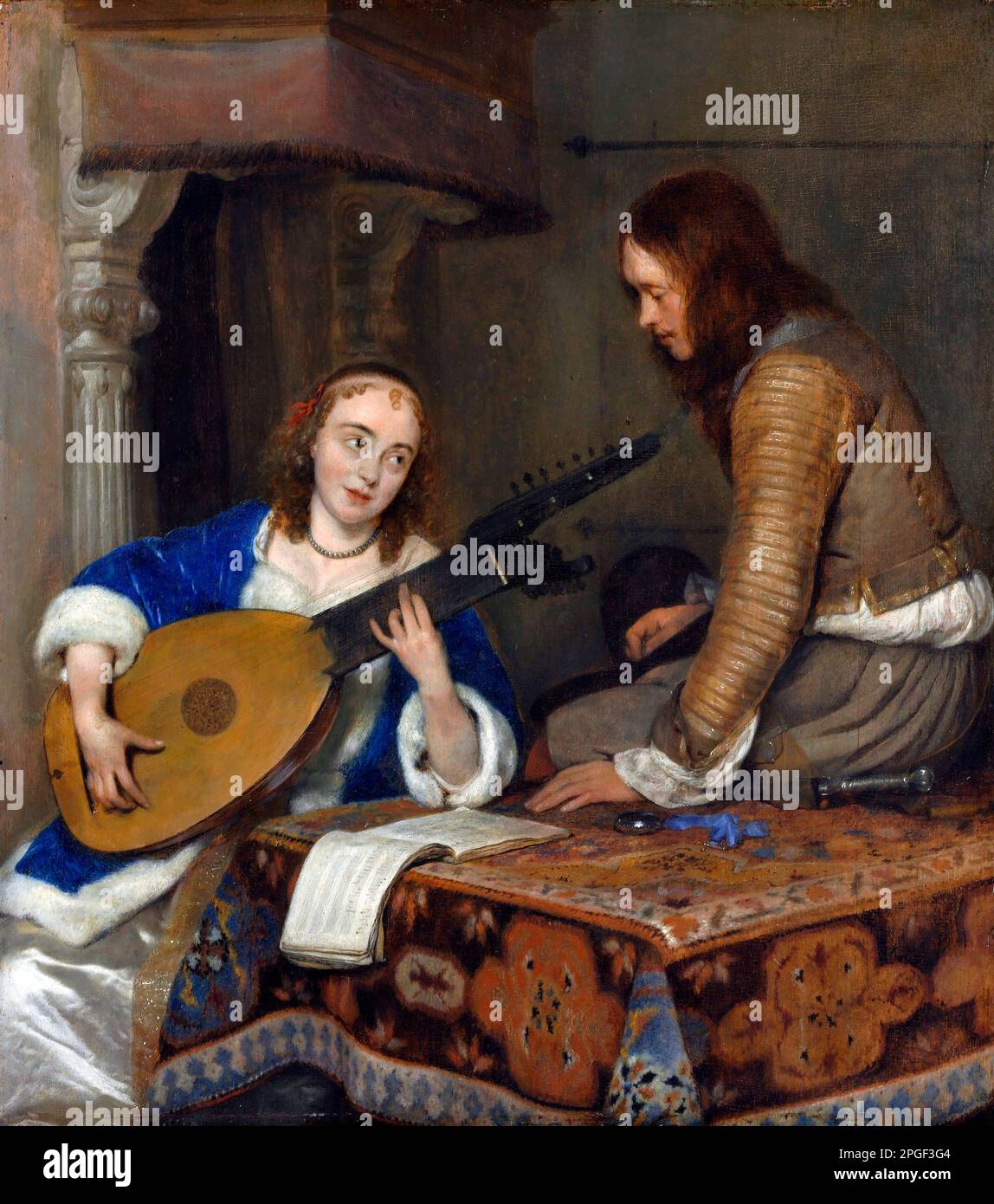 Une femme jouant le Theorbo-Lute et un cavalier par Gerard ter Borch (1617-1681), huile sur bois, c. 1658 Banque D'Images