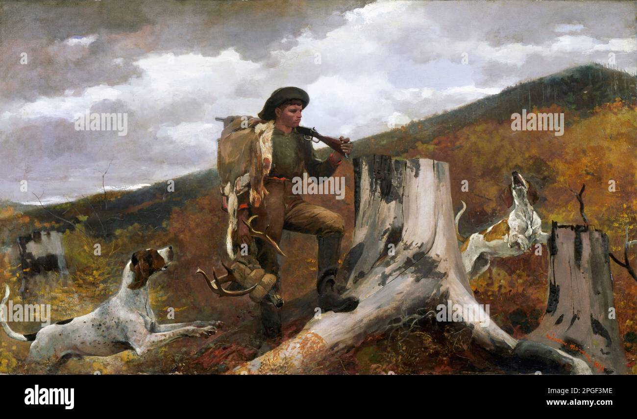 Un chasseur et des chiens par l'artiste américain Winslow Homer (1836-1910), huile sur toile, 1891 Banque D'Images