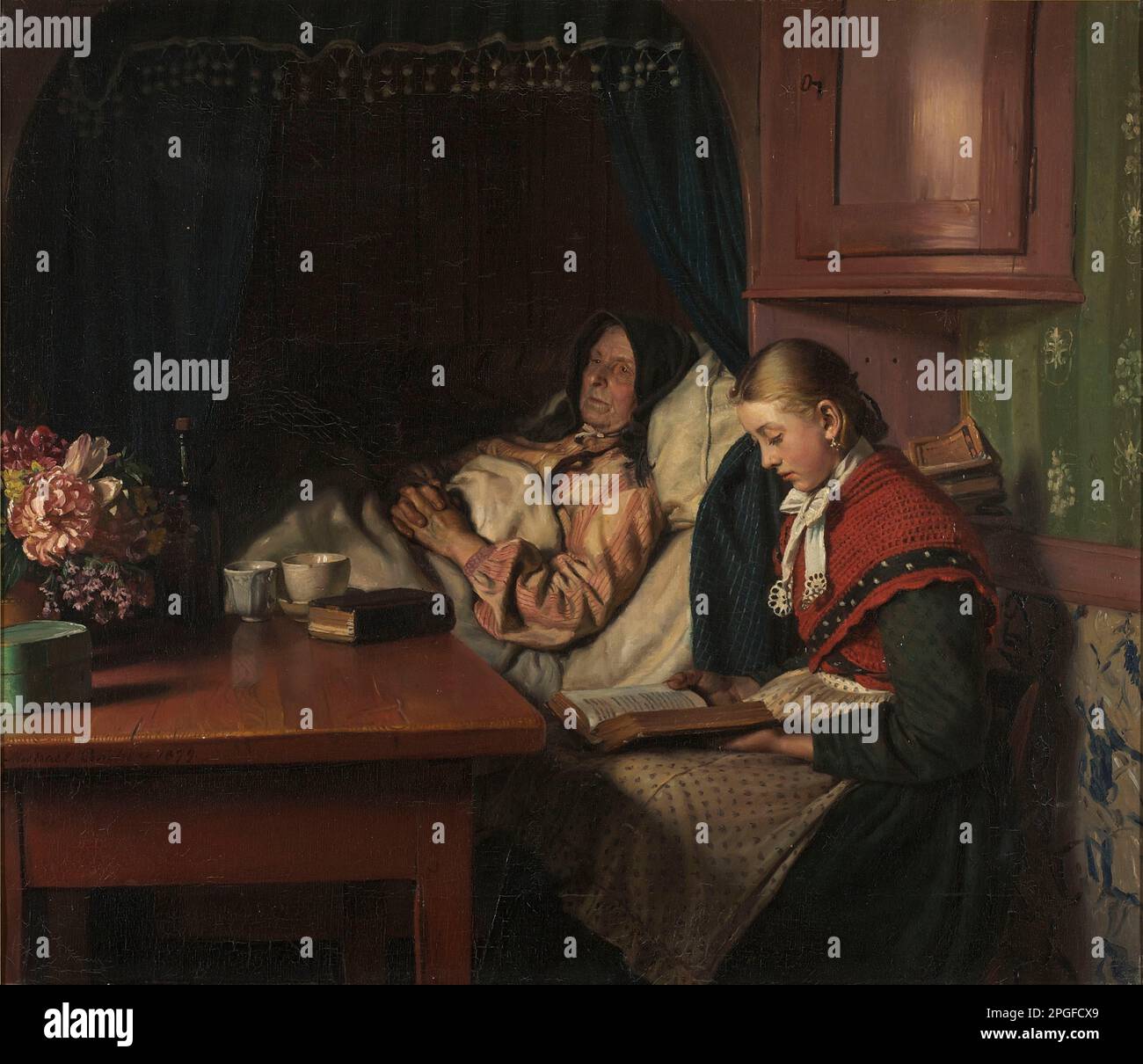 Par les grands-mères Sickbed 1879 par Michael Ancher Banque D'Images