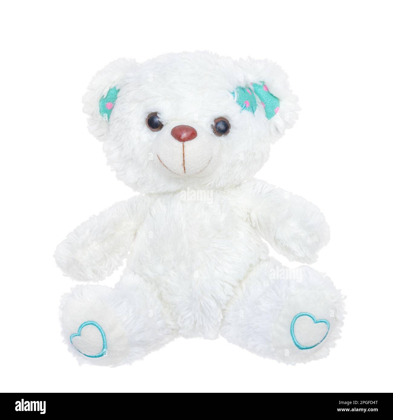 Adorable ours en peluche blanc avec oreilles de couleur touffany isolées sur fond blanc Banque D'Images