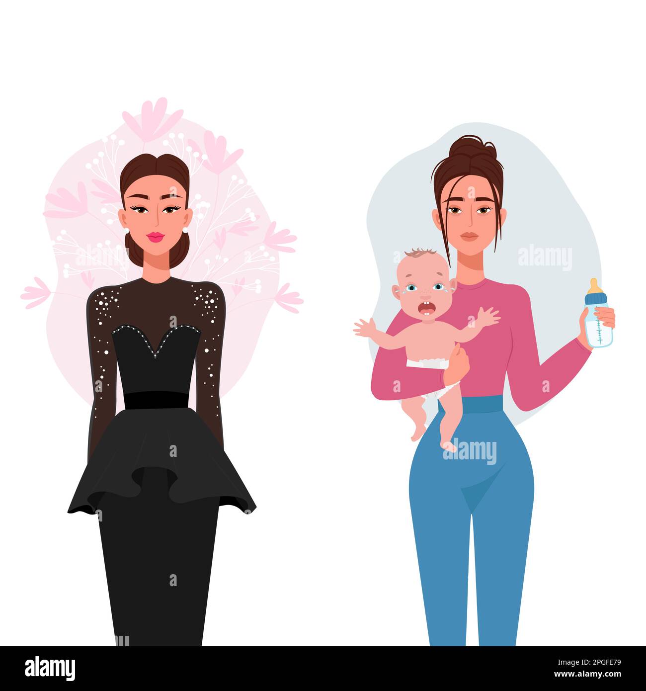 Childfree concept, femme fatiguée avec le bébé pleurant dans les bras et belle et bien entretenue femme en soirée robe avec maquillage. Illustration vectorielle plate Illustration de Vecteur