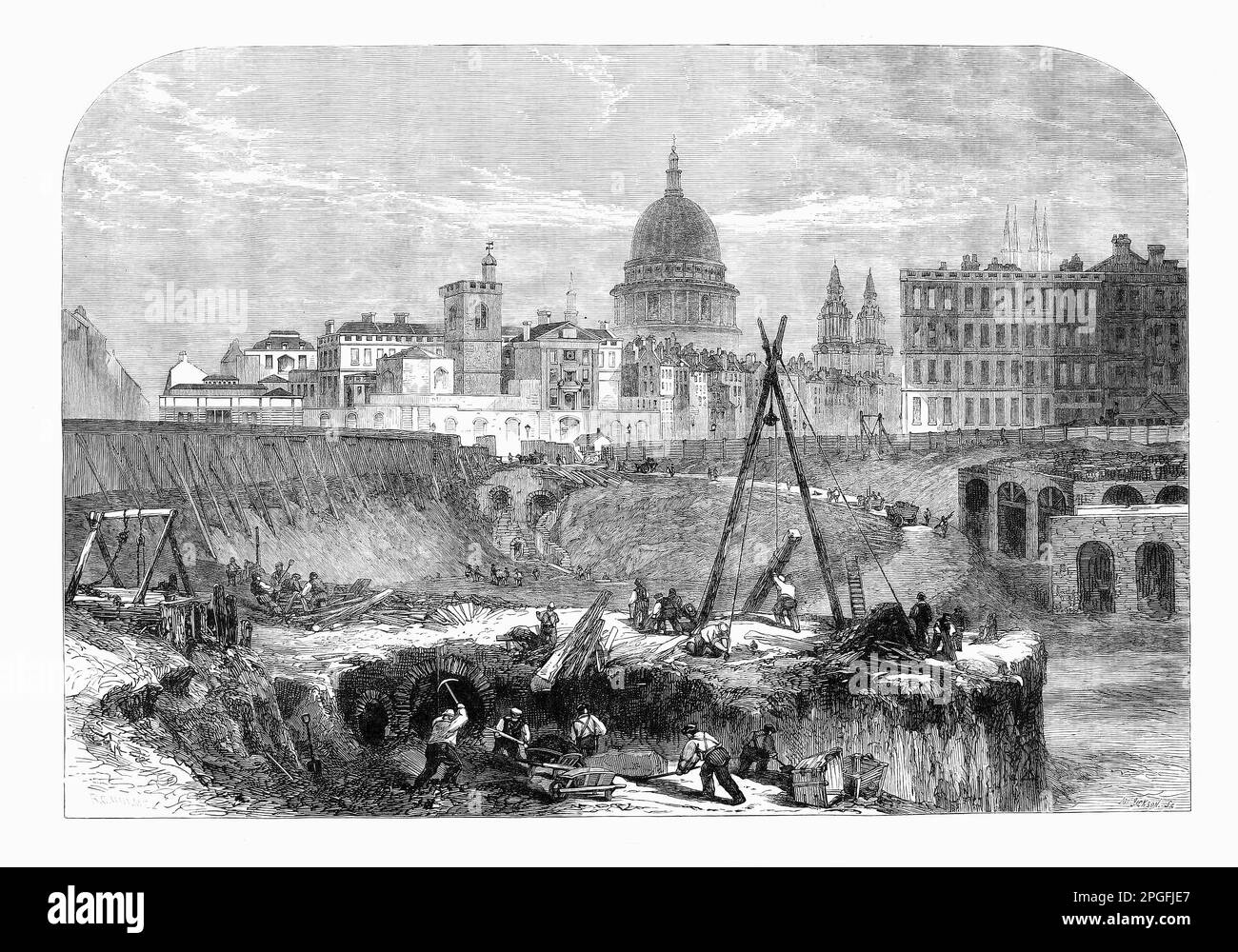 La construction du Metropolitan extension Railway à Smithfield vers 1863, un service de passagers et de marchandises, sa ligne principale allant du nord-ouest du cœur financier de la capitale dans la ville à ce qui devait devenir la banlieue de Middlesex. Elle a ouvert ses portes au public le 10 janvier 1863 avec des voitures en bois à gaz transportées par des locomotives à vapeur, le premier chemin de fer souterrain désigné au monde transportant des passagers. Banque D'Images