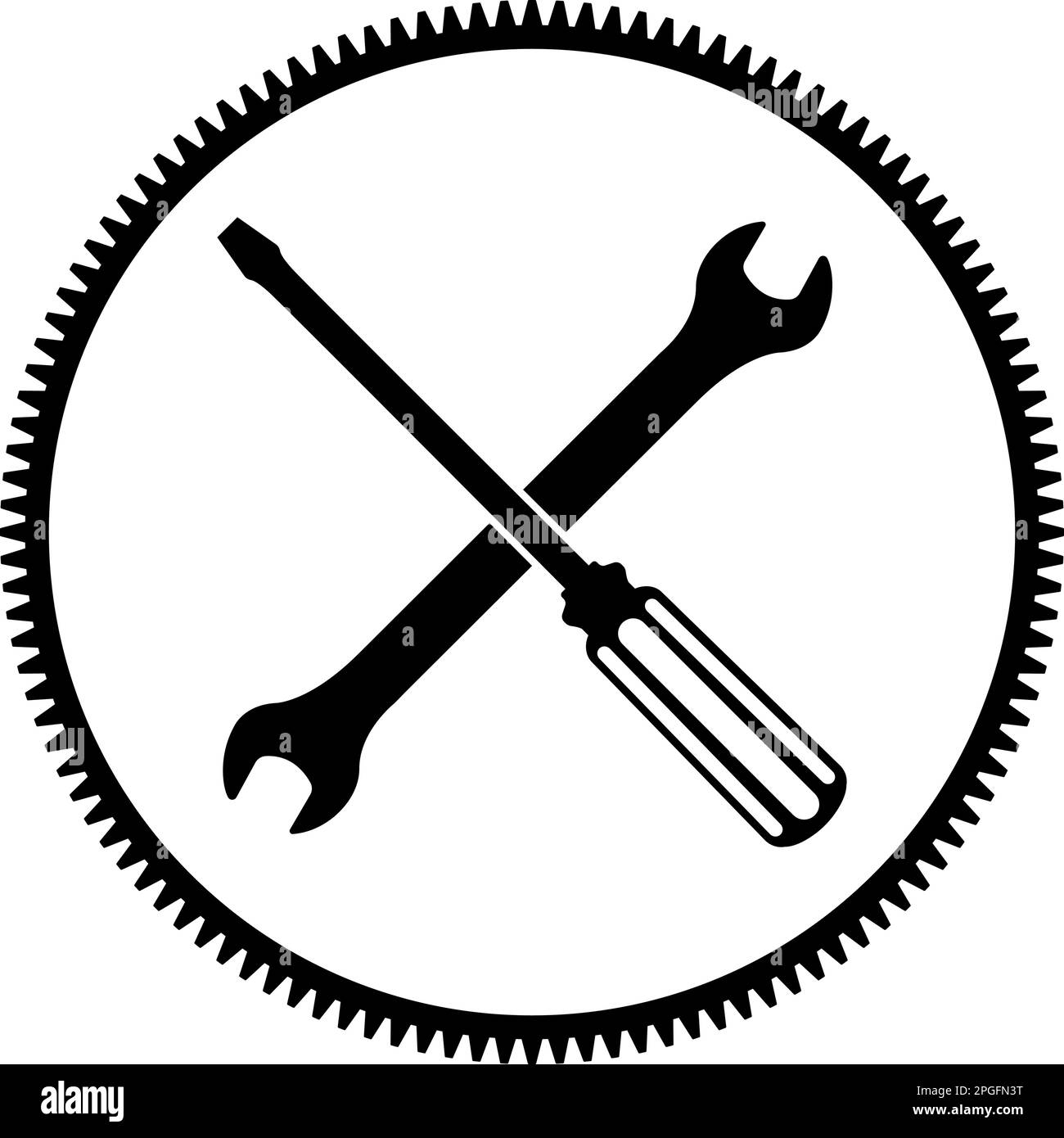 Logo Outils et Service. Symbole d'icône de clé, de tournevis et de roue dentée d'engrenage. Illustration vectorielle plate Illustration de Vecteur
