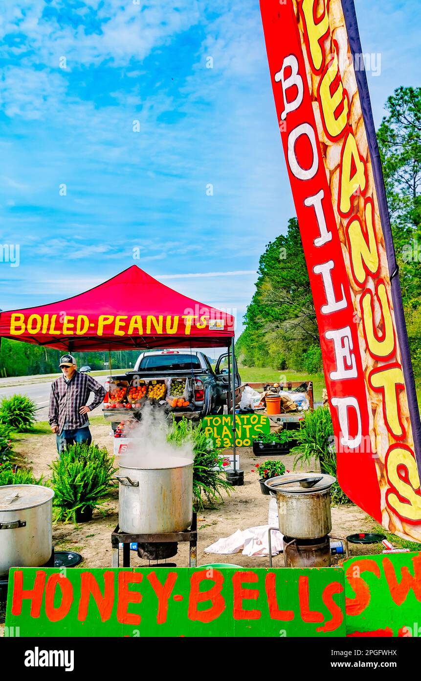 Un homme vend des arachides bouillies et des produits variés sur un stand en bord de route sur la Mississippi Highway 63, 20 mars 2023, à Moss point, Mississippi. Banque D'Images