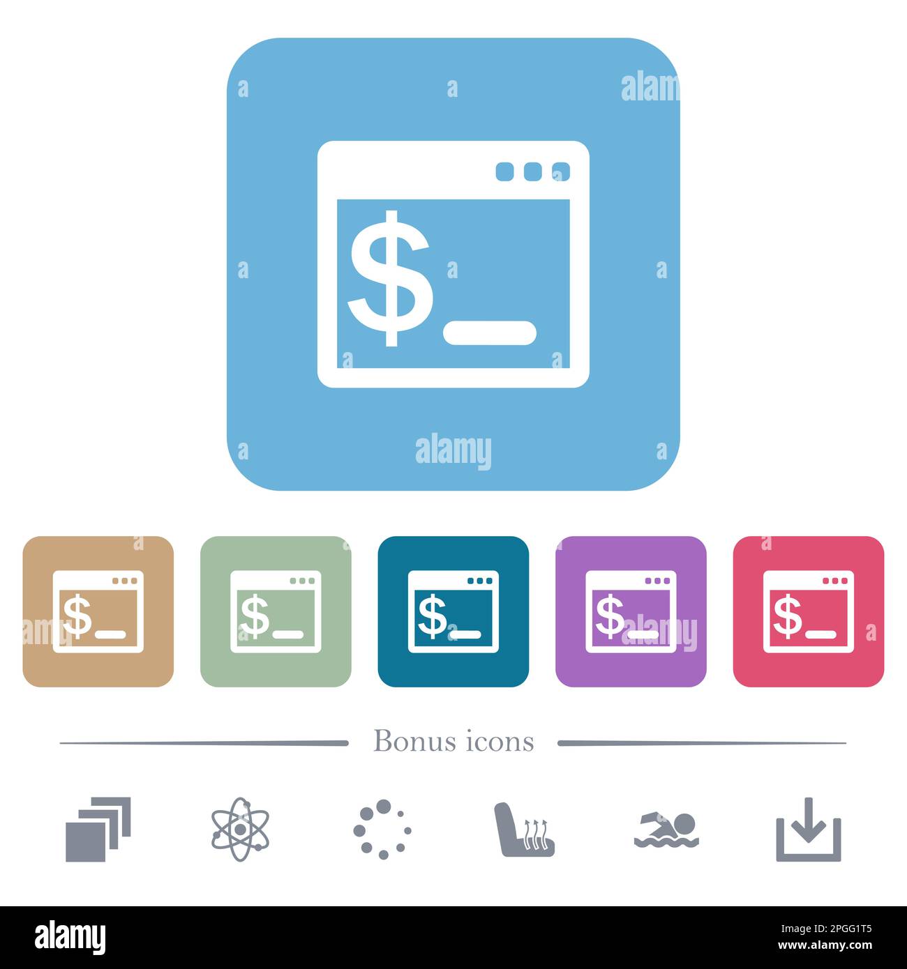 Icônes plates blanches du terminal de commande du système d'exploitation sur des arrière-plans carrés de couleur arrondie. 6 icônes bonus incluses Illustration de Vecteur